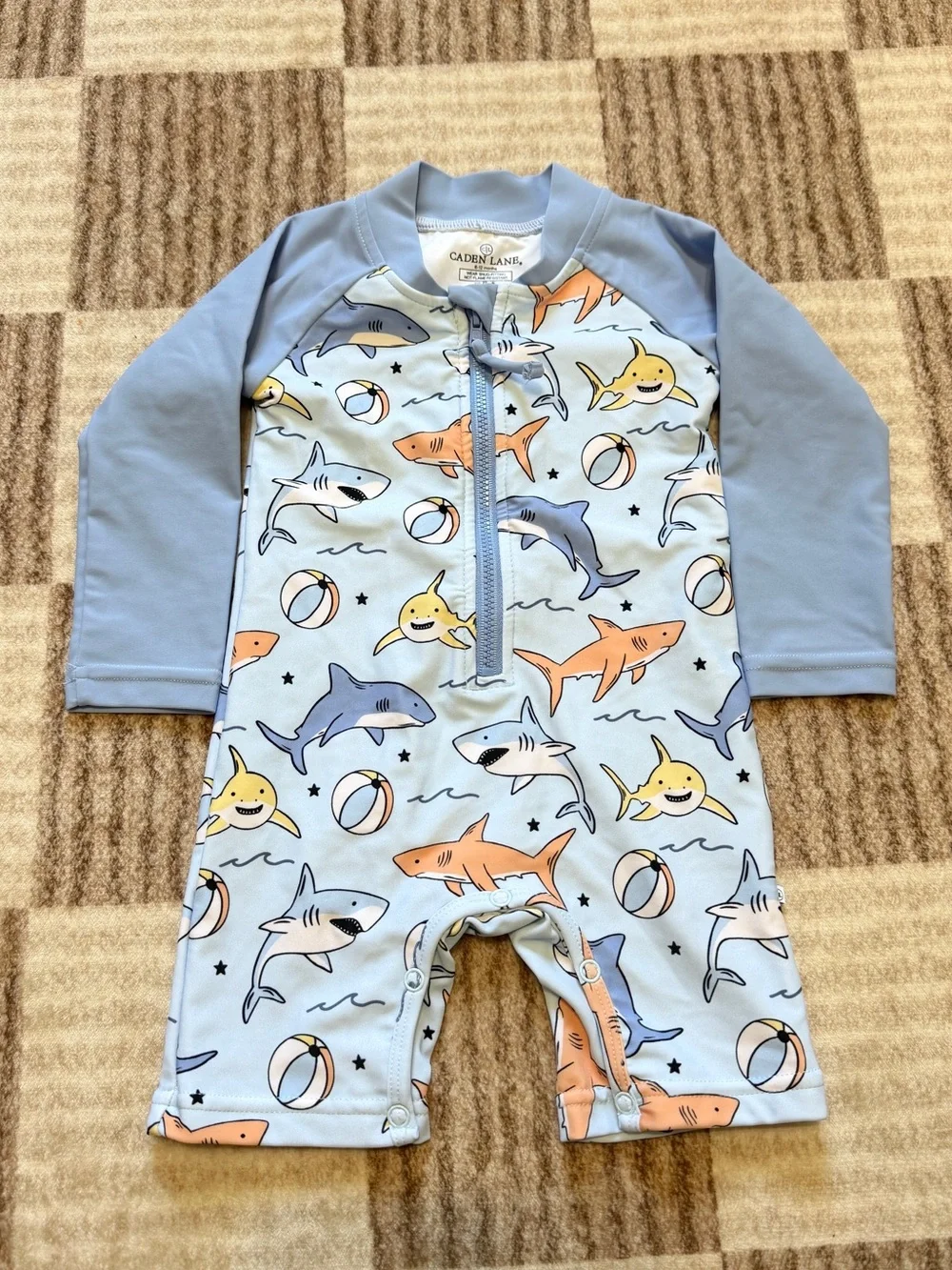 Caden Lane Rash Guard Swim Romper Shortie Size 6-12 months Boys Sharks Beach